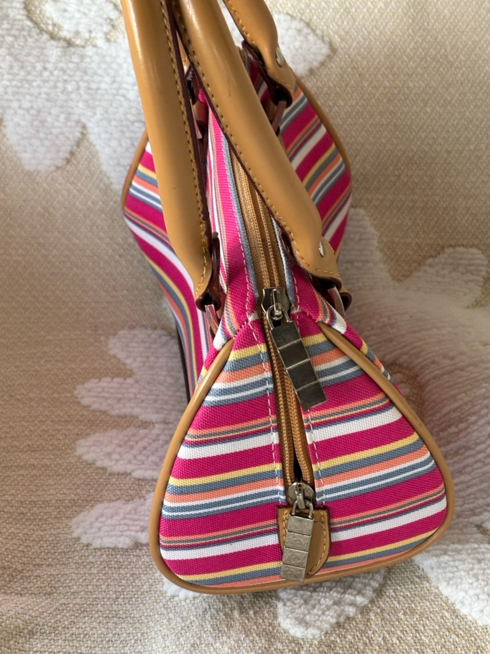 Striped Pink Multi-Color Canvas Satchel with Tan Handles - Picture 4 of 12